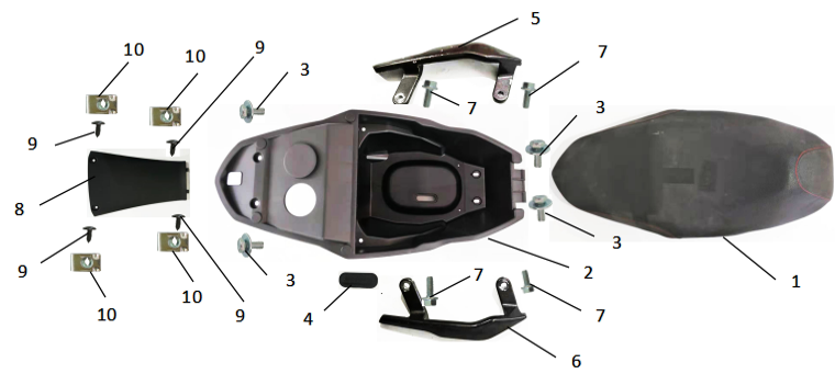 F 10: Sadel, Sadelfack, Passagerarhandtag