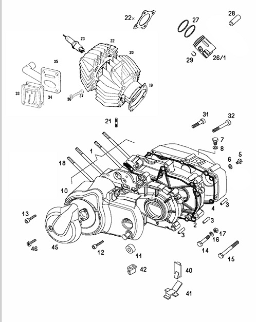 F01: Crankcase, Cylinder, Piston
